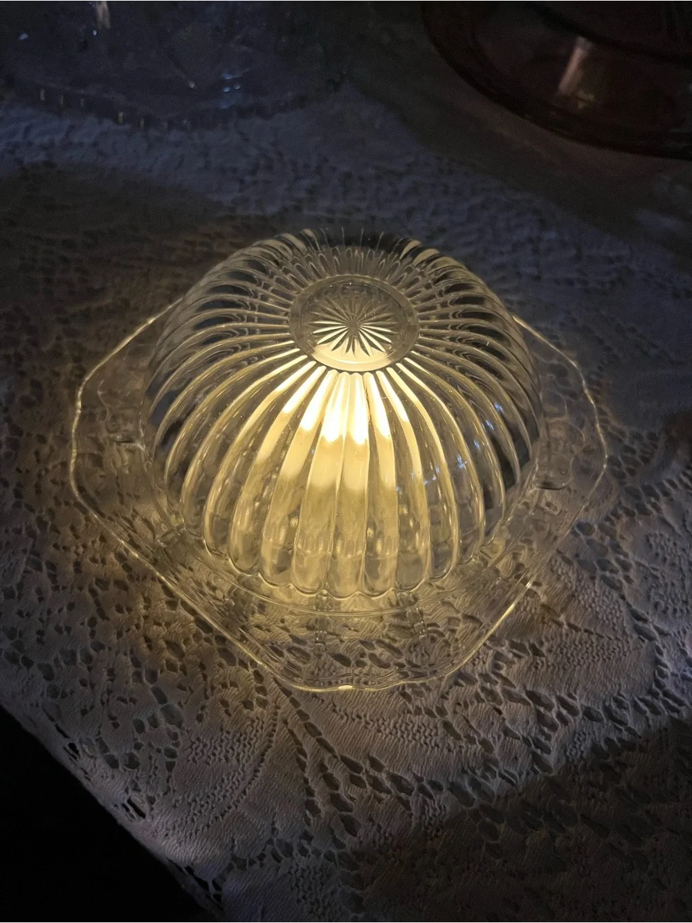 Vintage Clear Pressed Glass Fairy Lamp | Ribbed Bowl & Square Plate